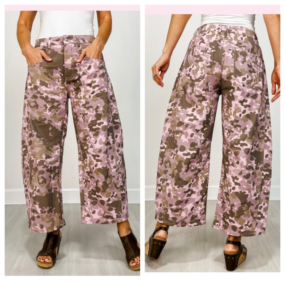 ee:some Soft Washed Pink Camo Barrel Leg Crop Pants Size M Button Fly High Rise‎